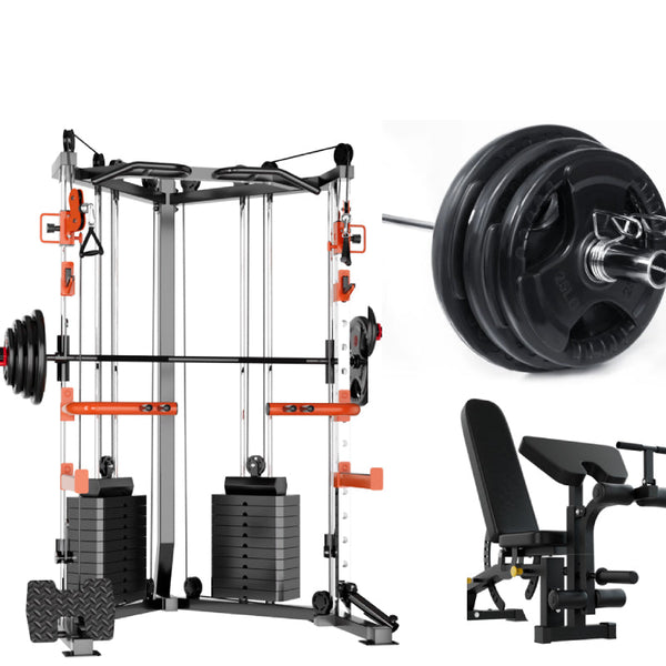 Steel Cable Crossover Station Multi Functional Gym Equipment With Bench And Barbell Weights Benches