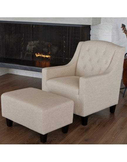 Linen Fabric Armchair With Ottoman Tufted Back Padded Seating Furniture Sofas Armchairs & Couches