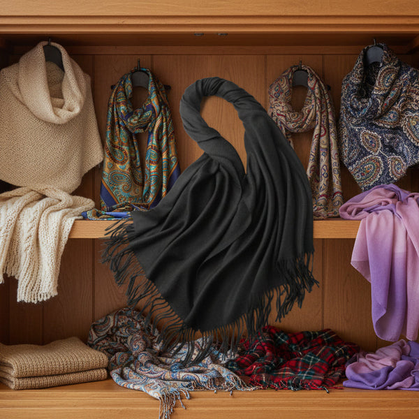 100% Merino Virgin Wool Shawl 970115 Black Scarves & Wraps