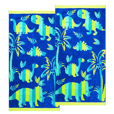Renee Taylor 2 Pack Velour Kids Beach Towel 75 X 150 Cms Dinosaur Towels & Washcloths