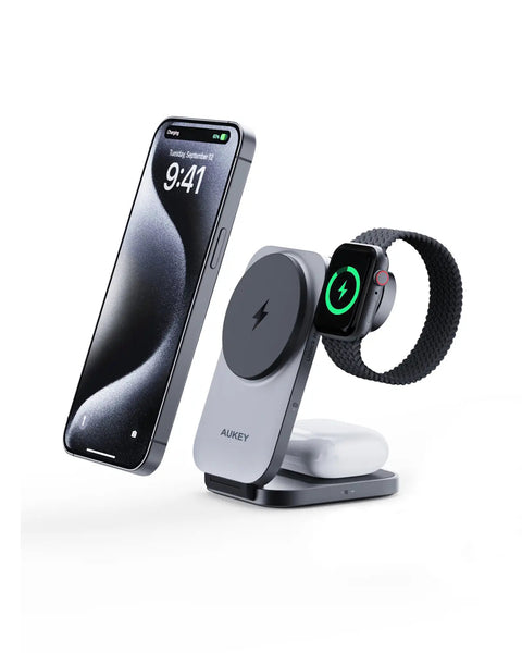 Aukey Magfusion Z Qi2 3 In 1 Foldable Magnetic Fast Wireless Charging Station (Lc Mc312) Chargers & Cradles