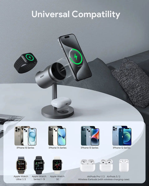 Aukey Magfusion 3 In 1 Pro Qi2 Magnetic Fast Wireless Charging Station With Active Cooling (Lc Mc311a) Chargers & Cradles