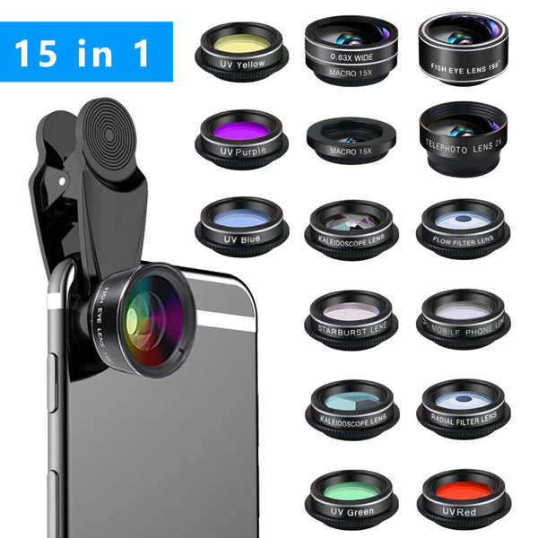 15 In 1 Kit With Multiple Special Effects Functions Compatible Iphone And Android Smartphones. Includes: 198 Fisheye 0.63X Wide Angle 15X Macro 2X Tel