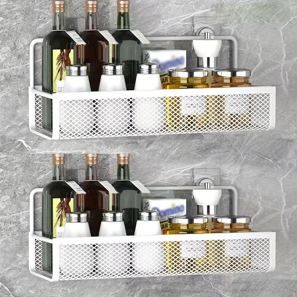Wrought Iron Bathroom Storage Basket Wall Mounted Self Adhesive Toothbrush Holder Cosmetic And Condiment Shower Shelves Bathroom Baskets & Storage