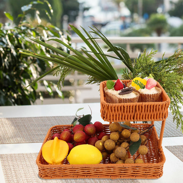 Two Tier Woven Snack Basket Organizer A Decorative Storage Tray For Kitchen Countertop Coffee Table Bathroom Vanity And Dining Room Holds Fruit Bread