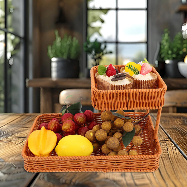 Two Tier Woven Snack Basket Organizer A Decorative Storage Tray For Kitchen Countertop Coffee Table Bathroom Vanity And Dining Room Holds Fruit Bread
