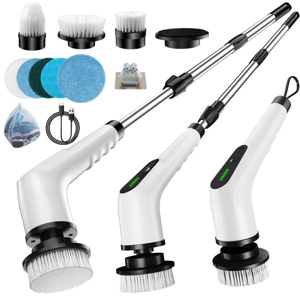 Wireless Electric Cleaning Brush With 8 Replaceable Heads A Adjustable Extendable Handle For Bathroom Kitchen Tiles & Car (White) Cleaning Brushes