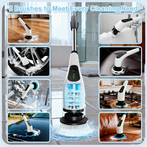 Wireless Electric Cleaning Brush With 8 Replaceable Heads A Adjustable Extendable Handle For Bathroom Kitchen Tiles & Car (White) Cleaning Brushes