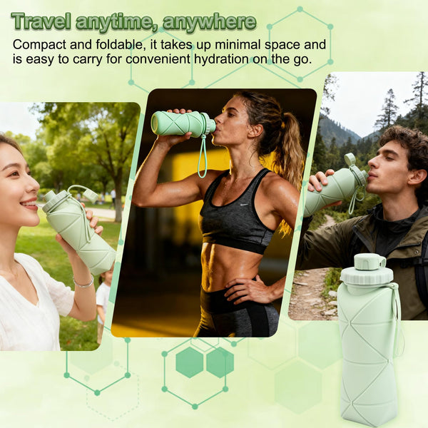 Collapsible Silicone Water Bottle 600Ml Foldable Leak Proof Bpa Free Portable Outdoor Sports With Carrying Strap Compact Design For Hiking Gym Travel