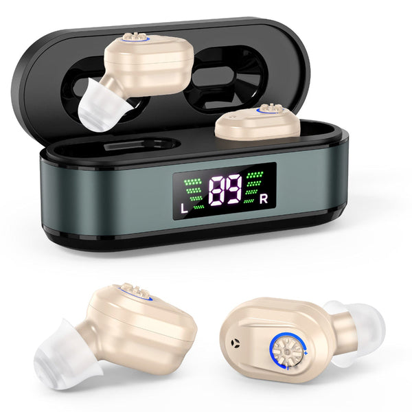 Rechargeable In The Ear Hearing Aids With Charging Case And Lcd Display Ultra Compact Sound Amplifier For Seniors Black Green Skin Tone Device Other H