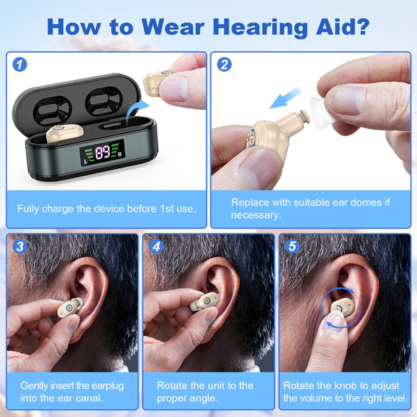 Rechargeable In The Ear Hearing Aids With Charging Case And Lcd Display Ultra Compact Sound Amplifier For Seniors Black Green Skin Tone Device Other H