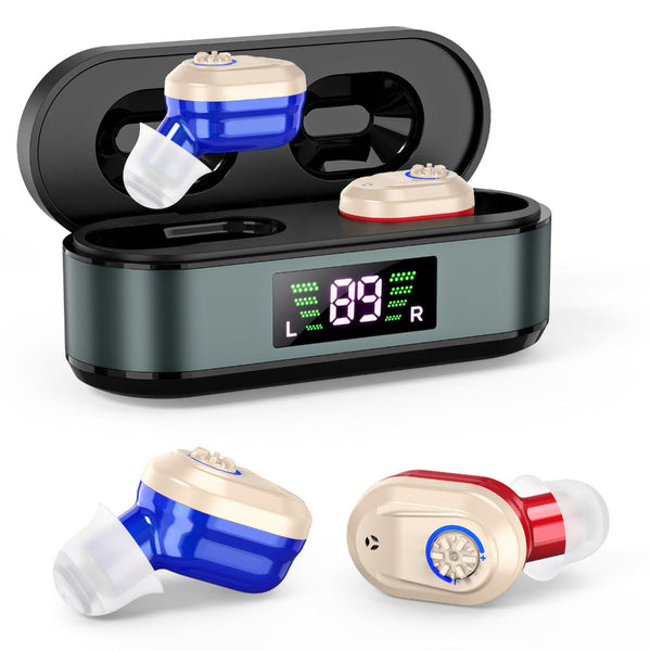 Rechargeable In The Ear Hearing Aids With Charging Case And Lcd Display Ultra Compact Sound Amplifier For Seniors (Black & Green Red Blue Device) Othe