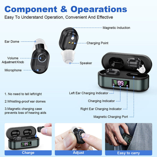 Rechargeable In The Ear Hearing Aids With Charging Case And Lcd Display Ultra Compact Sound Amplifier For Seniors Black Green Device Other Health Care