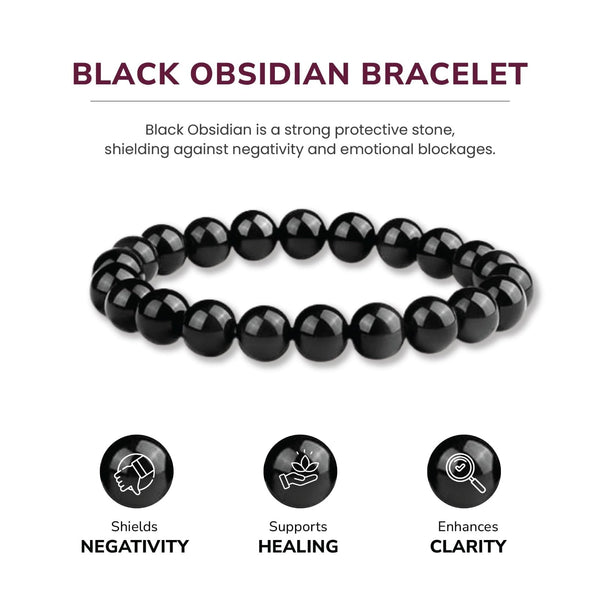 14Mm Natural Black Obsidian Beaded Bracelet For Men And Women Stretchable Healing Crystal Jewelry With Elastic Band Protective Energy Stone Gift Birth