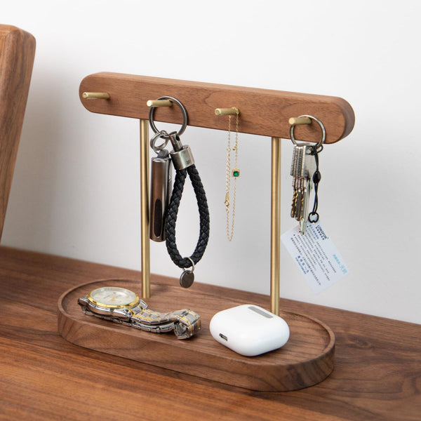 Modern Walnut Wood Key Holder With Brass Hooks Desktop Organiser For Keys Jewelry Watches And Small Accessories Compact Design Hooks & Hangers