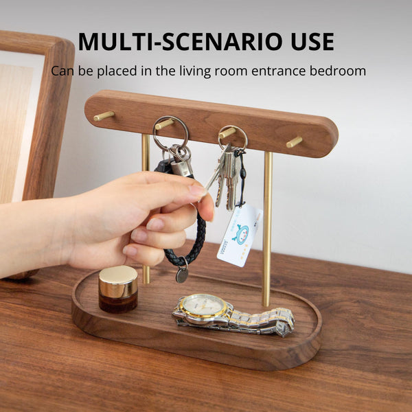 Modern Walnut Wood Key Holder With Brass Hooks Desktop Organiser For Keys Jewelry Watches And Small Accessories Compact Design Hooks & Hangers