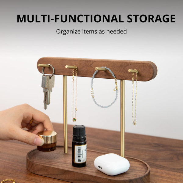 Modern Walnut Wood Key Holder With Brass Hooks Desktop Organiser For Keys Jewelry Watches And Small Accessories Compact Design Hooks & Hangers