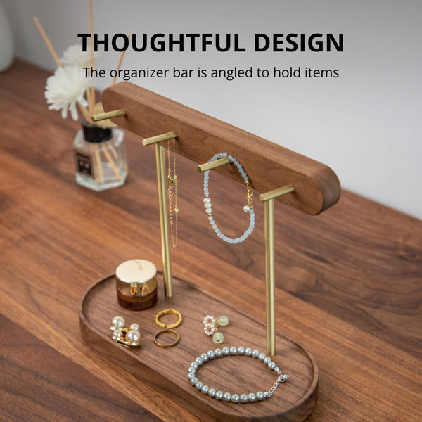 Modern Walnut Wood Key Holder With Brass Hooks Desktop Organiser For Keys Jewelry Watches And Small Accessories Compact Design Hooks & Hangers