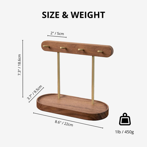 Modern Walnut Wood Key Holder With Brass Hooks Desktop Organiser For Keys Jewelry Watches And Small Accessories Compact Design Hooks & Hangers