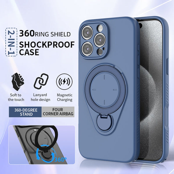 Magnetic Shockproof Case With 360 Degree Rotating Ring Stand For Iphone 16 Pro Slim Protective Phone Cover Airbag Corners And Wireless Charging Suppor