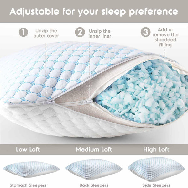 King Size Cooling Pillow With Shredded Memory Foam And Gel Infusion Adjustable Loft Breathable Dual Sided Cover 20" X 36" (Blue) | Other Sizes Availab