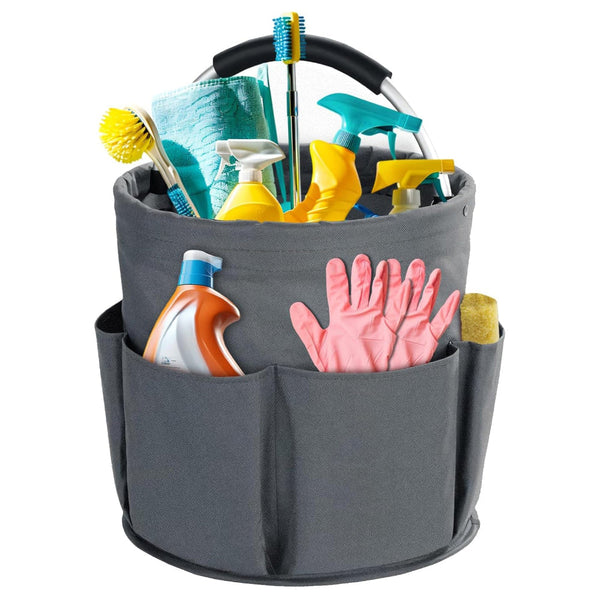 Grey Foldable Cleaning Caddy With 6 Outer Pockets 17L Collapsible Storage Basket For Household Bathroom Picnic And Beach Durable Oxford Cloth Organise
