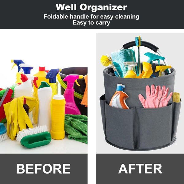 Grey Foldable Cleaning Caddy With 6 Outer Pockets 17L Collapsible Storage Basket For Household Bathroom Picnic And Beach Durable Oxford Cloth Organise