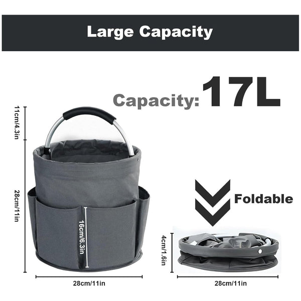 Grey Foldable Cleaning Caddy With 6 Outer Pockets 17L Collapsible Storage Basket For Household Bathroom Picnic And Beach Durable Oxford Cloth Organise