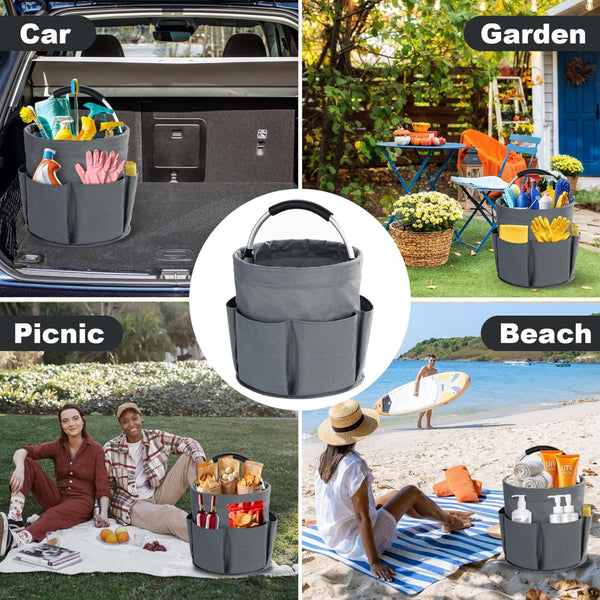 Grey Foldable Cleaning Caddy With 6 Outer Pockets 17L Collapsible Storage Basket For Household Bathroom Picnic And Beach Durable Oxford Cloth Organise