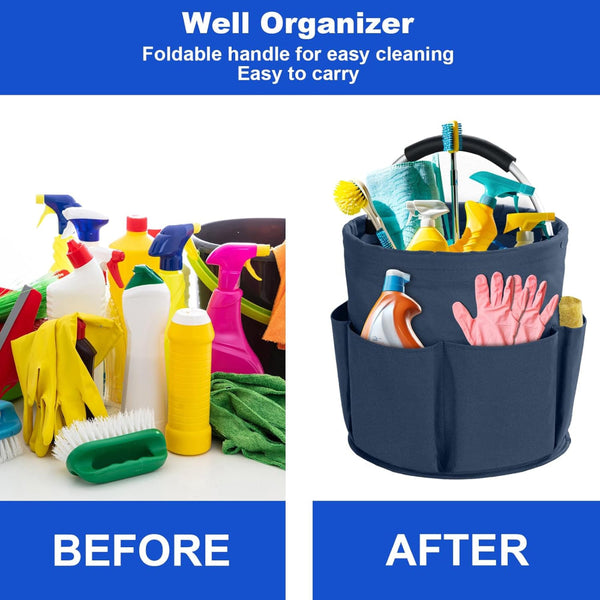 Blue Foldable Cleaning Caddy With 6 Outer Pockets: 17L Collapsible Storage Basket For Household Bathroom Picnic And Beach Durable Oxford Cloth Organis
