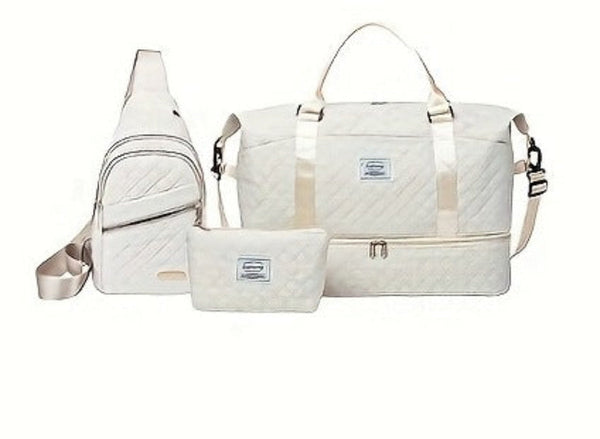 Womenas 3 Piece Travel Bag Set A Large Duffel Crossbody Backpack & Toiletry Pouch For Gym Maternity And Weekend Getaways (White) | Other Colors Availa