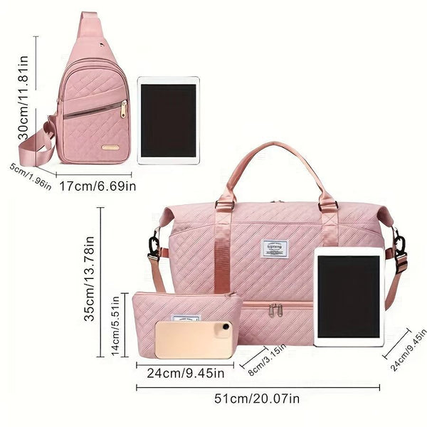 Womenas 3 Piece Travel Bag Set A Large Duffel Crossbody Backpack & Toiletry Pouch For Gym Maternity And Weekend Getaways (White) | Other Colors Availa