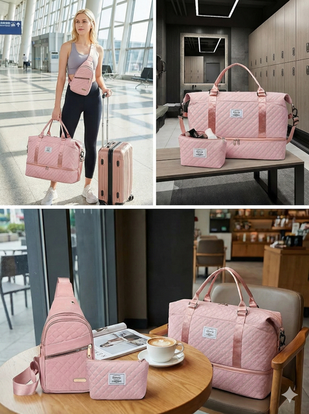 Womenas 3 Piece Travel Bag Set A Large Duffel Crossbody Backpack & Toiletry Pouch For Gym Maternity And Weekend Getaways (White) | Other Colors Availa