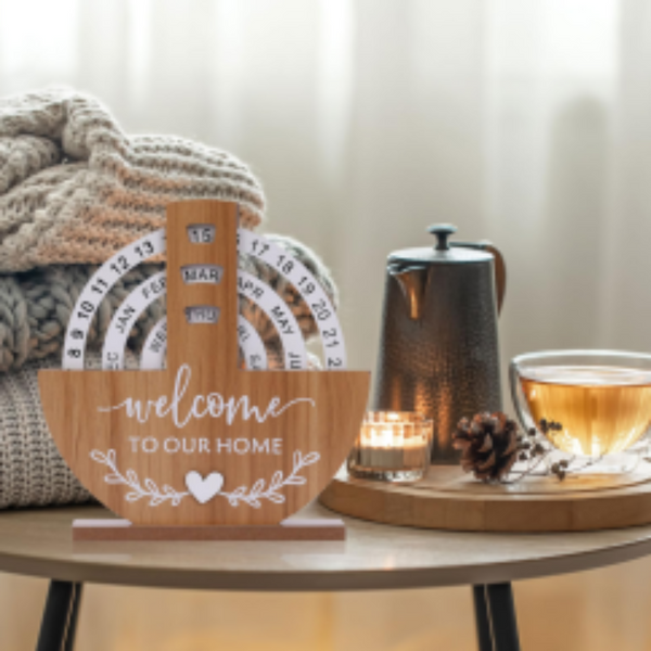 Perpetual Calendar With Welcome To Our Home Design Rotating Desk Decor For Office And Living Space Natural Personal Organisers