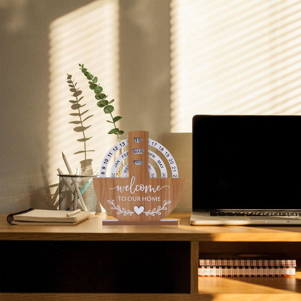 Perpetual Calendar With Welcome To Our Home Design Rotating Desk Decor For Office And Living Space Natural Personal Organisers