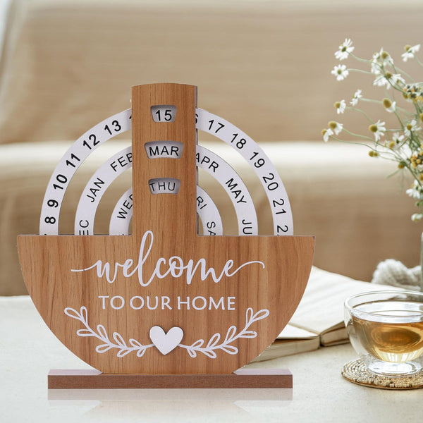Perpetual Calendar With Welcome To Our Home Design Rotating Desk Decor For Office And Living Space Natural Personal Organisers
