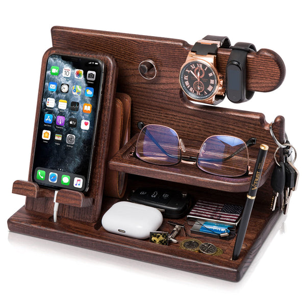 Desk Organizer For Men Multi Function Phone Stand Watch Glasses Holder Key Wallet Tray Brown Personal Organisers