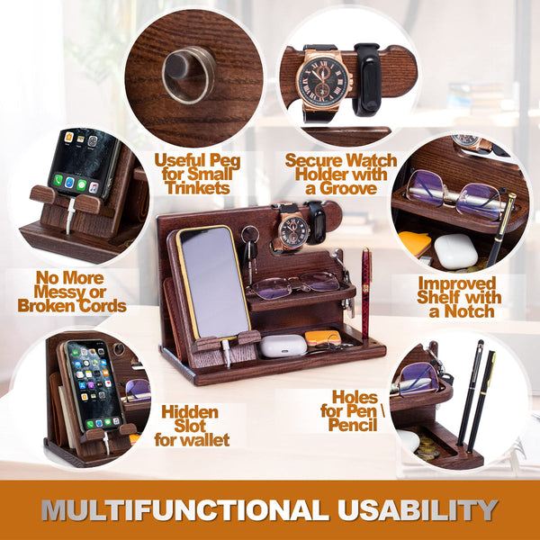 Desk Organizer For Men Multi Function Phone Stand Watch Glasses Holder Key Wallet Tray Brown Personal Organisers