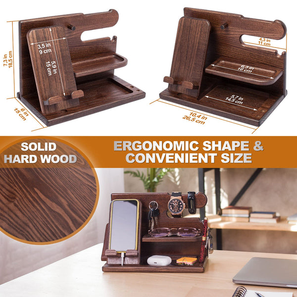 Desk Organizer For Men Multi Function Phone Stand Watch Glasses Holder Key Wallet Tray Brown Personal Organisers