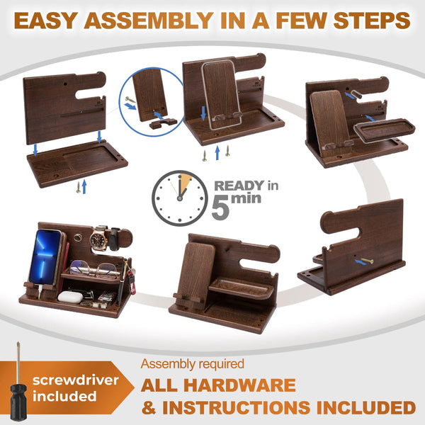 Desk Organizer For Men Multi Function Phone Stand Watch Glasses Holder Key Wallet Tray Brown Personal Organisers