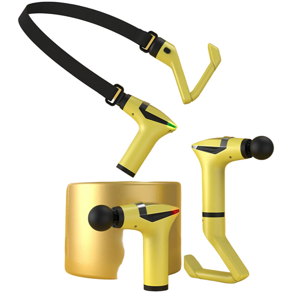 Yellow 3 In 1 Massage Gun With Extendable Handle & Back Strap 12 Speed Deep Tissue Muscle Massager 4 Attachments Usb C Charging Massagers