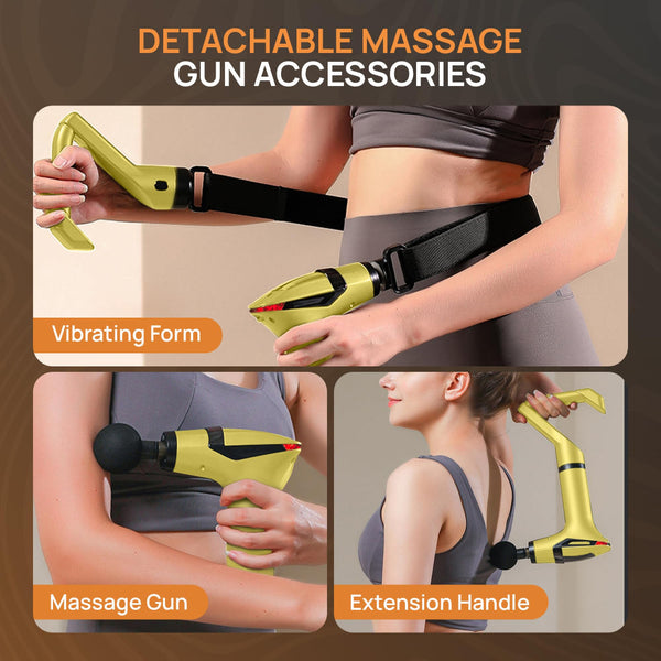 Yellow 3 In 1 Massage Gun With Extendable Handle & Back Strap 12 Speed Deep Tissue Muscle Massager 4 Attachments Usb C Charging Massagers