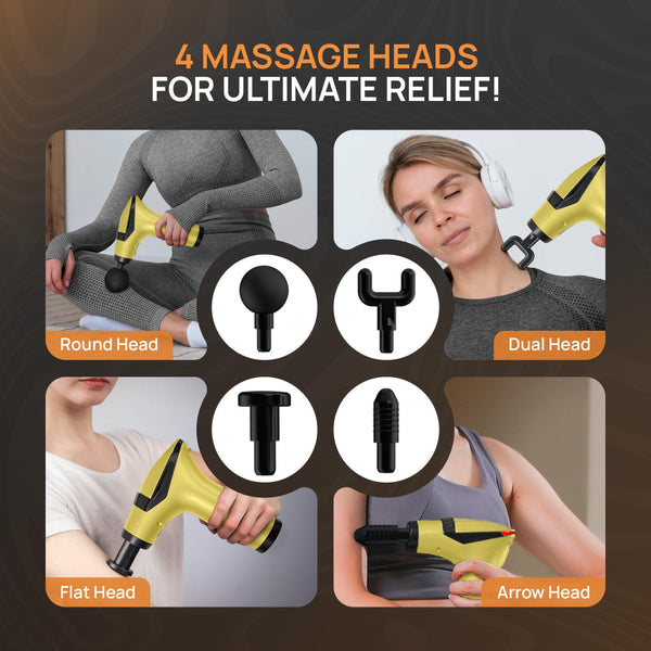 Yellow 3 In 1 Massage Gun With Extendable Handle & Back Strap 12 Speed Deep Tissue Muscle Massager 4 Attachments Usb C Charging Massagers