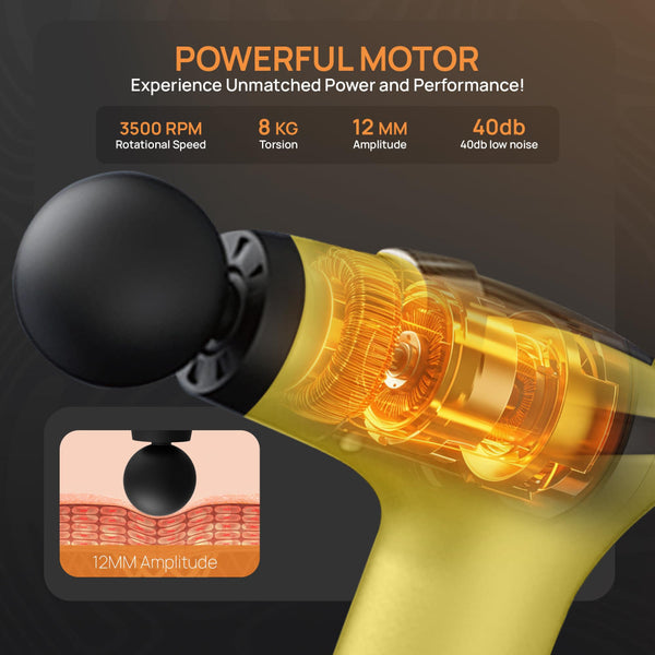 Yellow 3 In 1 Massage Gun With Extendable Handle & Back Strap 12 Speed Deep Tissue Muscle Massager 4 Attachments Usb C Charging Massagers