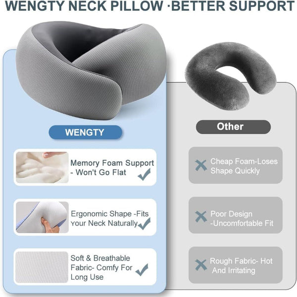 Memory Foam Travel Neck Pillow For Airplanes Cooling Fabric Gray Broad Fit Pillows