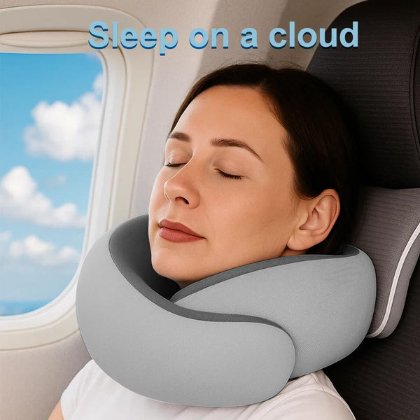 Memory Foam Travel Neck Pillow For Airplanes Cooling Fabric Gray Broad Fit Pillows