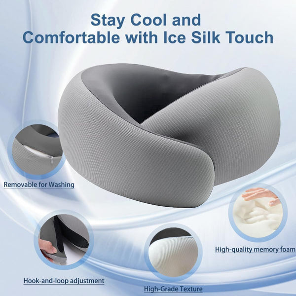 Memory Foam Travel Neck Pillow For Airplanes Cooling Fabric Gray Broad Fit Pillows