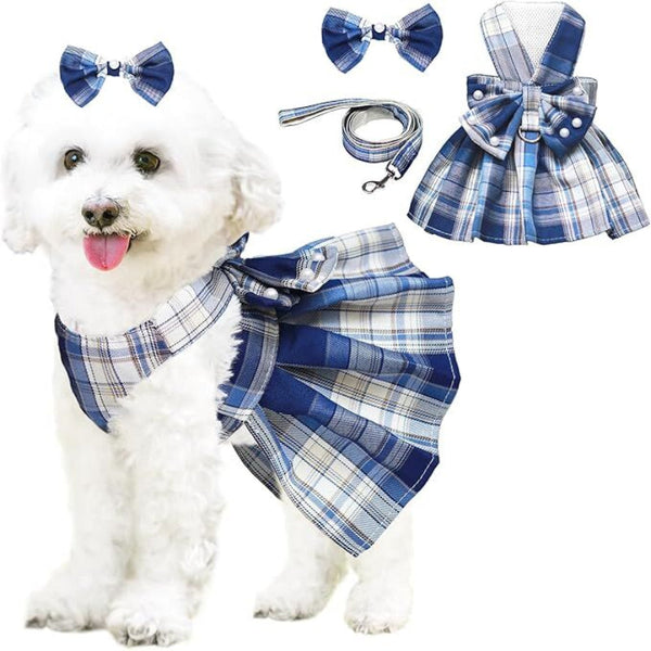Dog Dress Bowknot Harness Leash Set For Small Dogs Cute Plaid Princess Outfit (Blue Large) Dog Clothing & Shoes