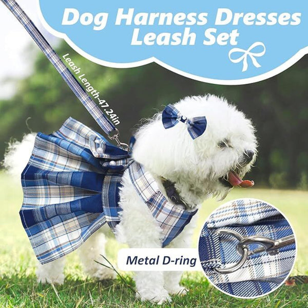 Dog Dress Bowknot Harness Leash Set For Small Dogs Cute Plaid Princess Outfit (Blue Large) Dog Clothing & Shoes