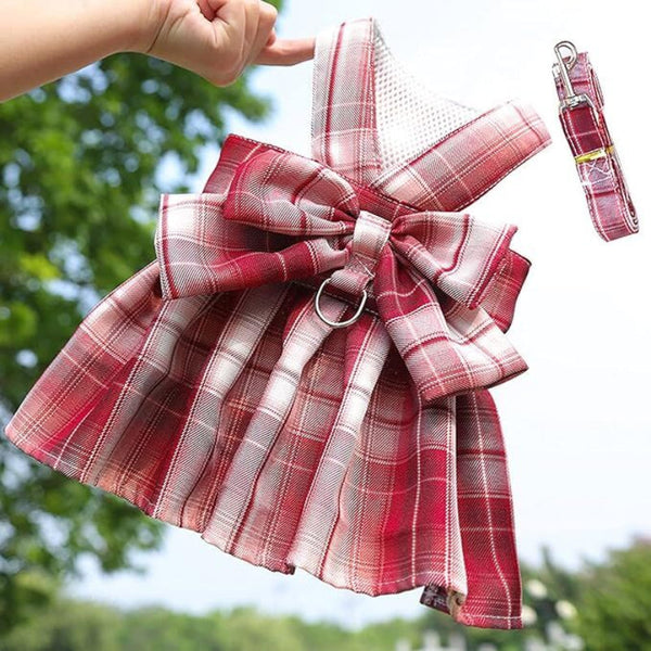 Dog Dress Bowknot Harness Leash Set For Small Dogs Cute Plaid Princess Outfit (Blue Large) Dog Clothing & Shoes
